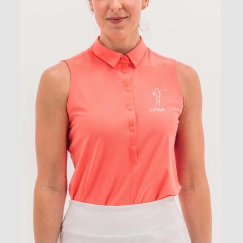 LPGA Women's Coral Sleeveless Button-Down Polo
